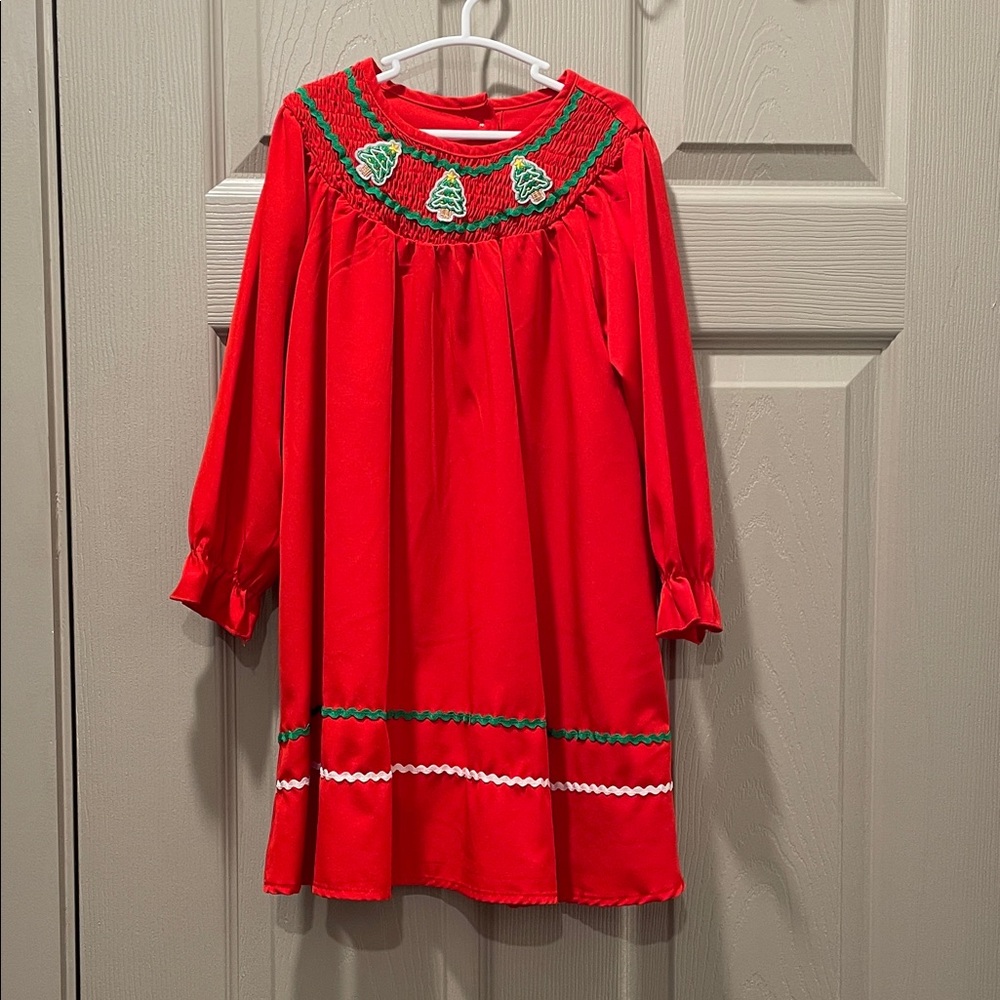 Red Dress With Green Christmas Tree Designs